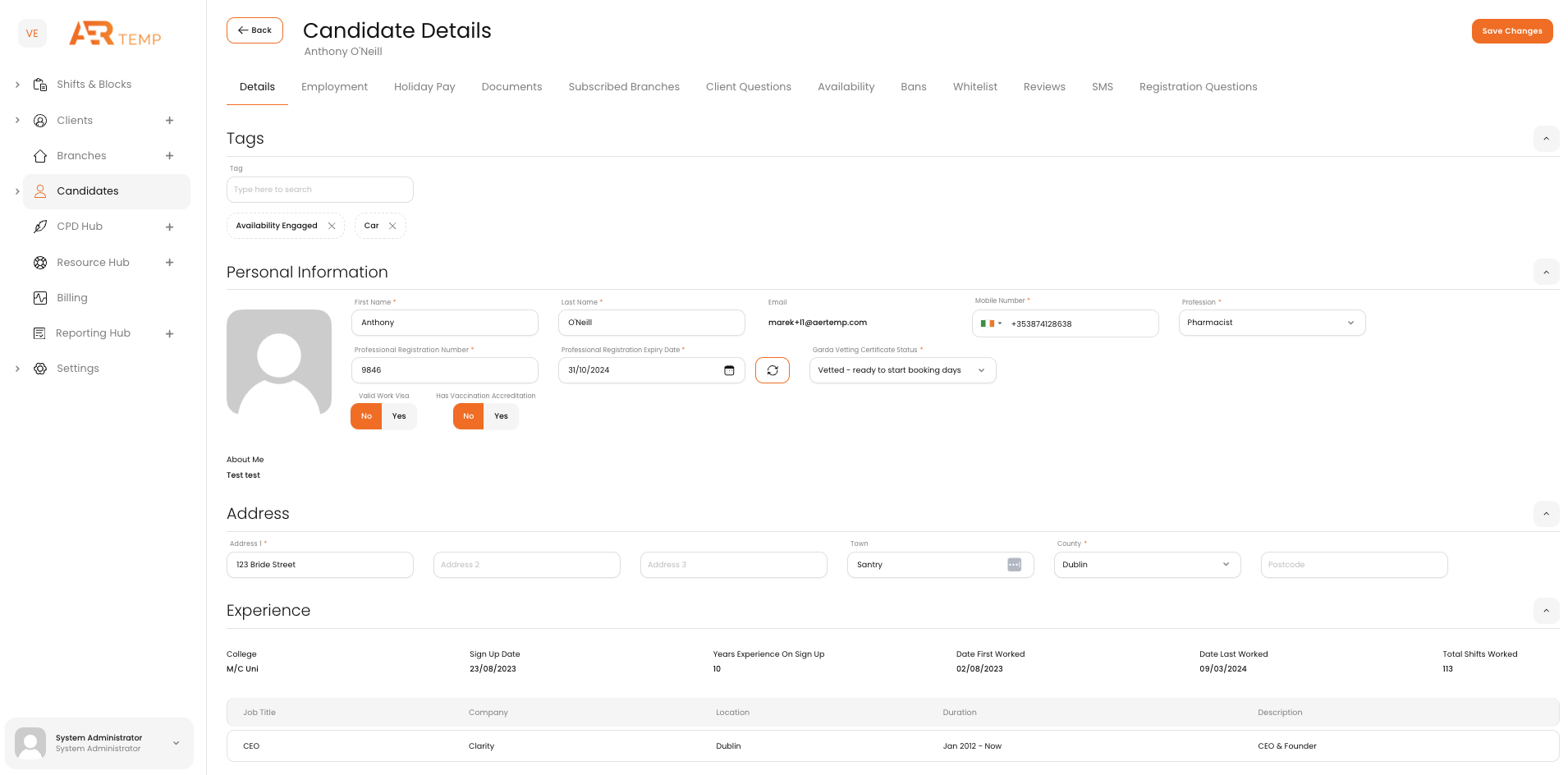 Candidate profile screenshot